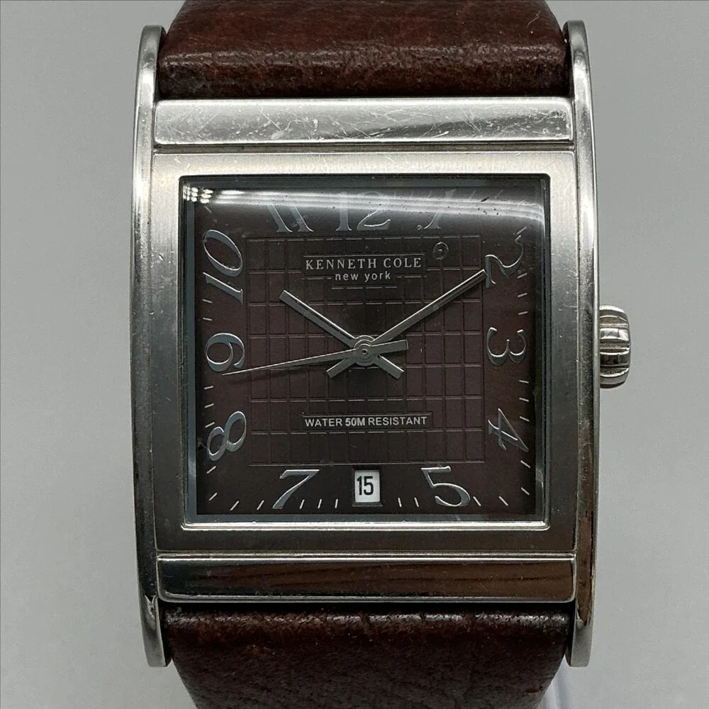 Kenneth Cole KC1238 Mens Watch 32mm Silver Tone Brown Leather Date New Battery